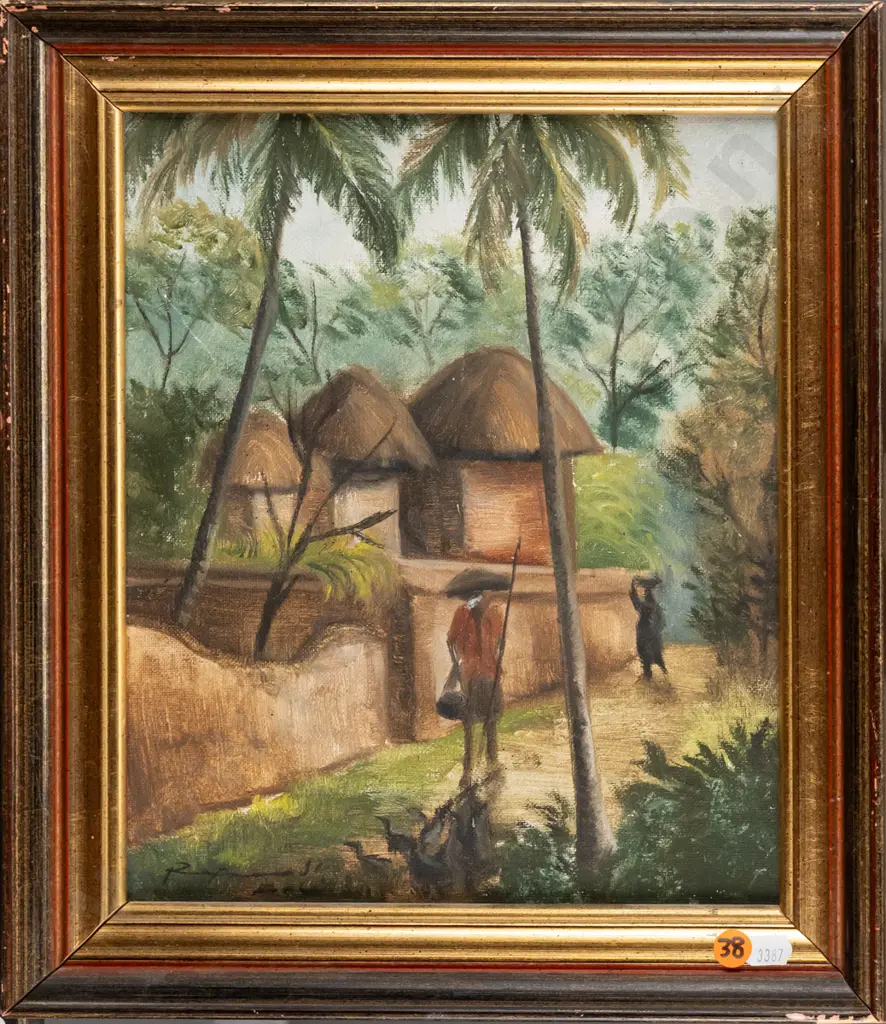 Illegible signature (Balinese) -- framed oil on canvas, village scene H-285 W-235 [mitres disjoined & loss to gilding Image 1++