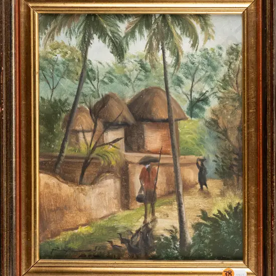 Illegible signature (Balinese) -- framed oil on canvas, village scene H-285 W-235 [mitres disjoined & loss to gilding
