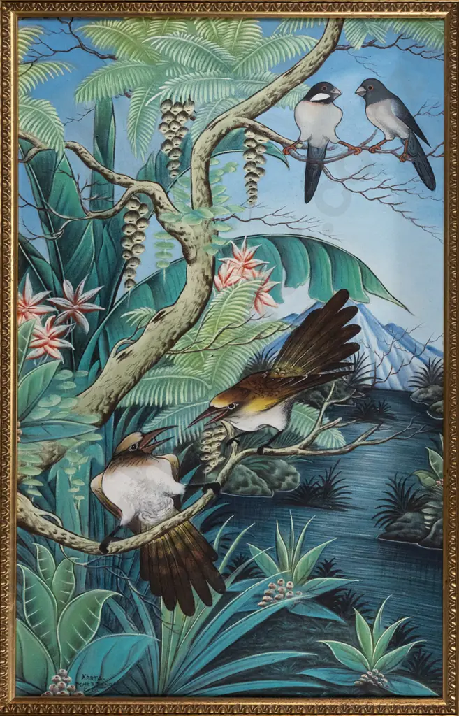 I Ketut Karta (Balinese) -- framed oil on canvas, tropical landscape & birds, H-550 W-345 Image 1++