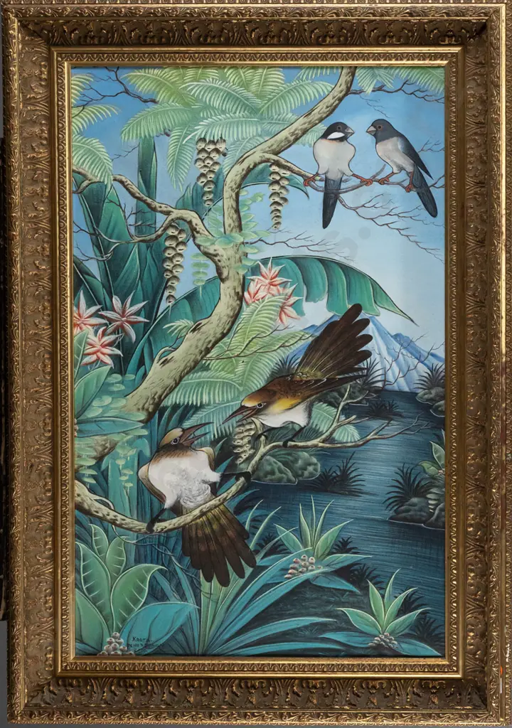 I Ketut Karta (Balinese) -- framed oil on canvas, tropical landscape & birds, H-550 W-345 Image 1++