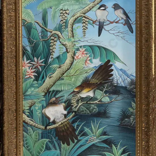 I Ketut Karta (Balinese) -- framed oil on canvas, tropical landscape & birds, H-550 W-345