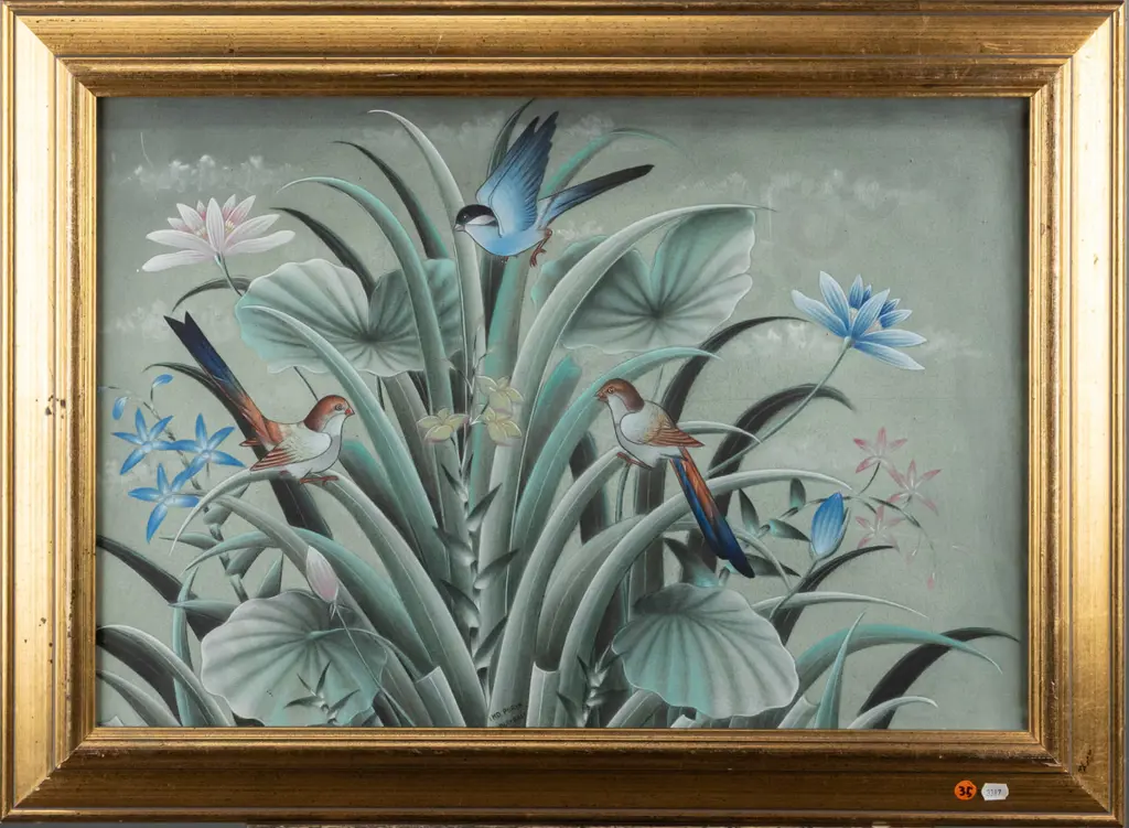 I MD. Purya (Balinese) -- framed oil on canvas, tropical landscape & birds, H-410 W-605 [scratches, loss & age wear to Image 1++