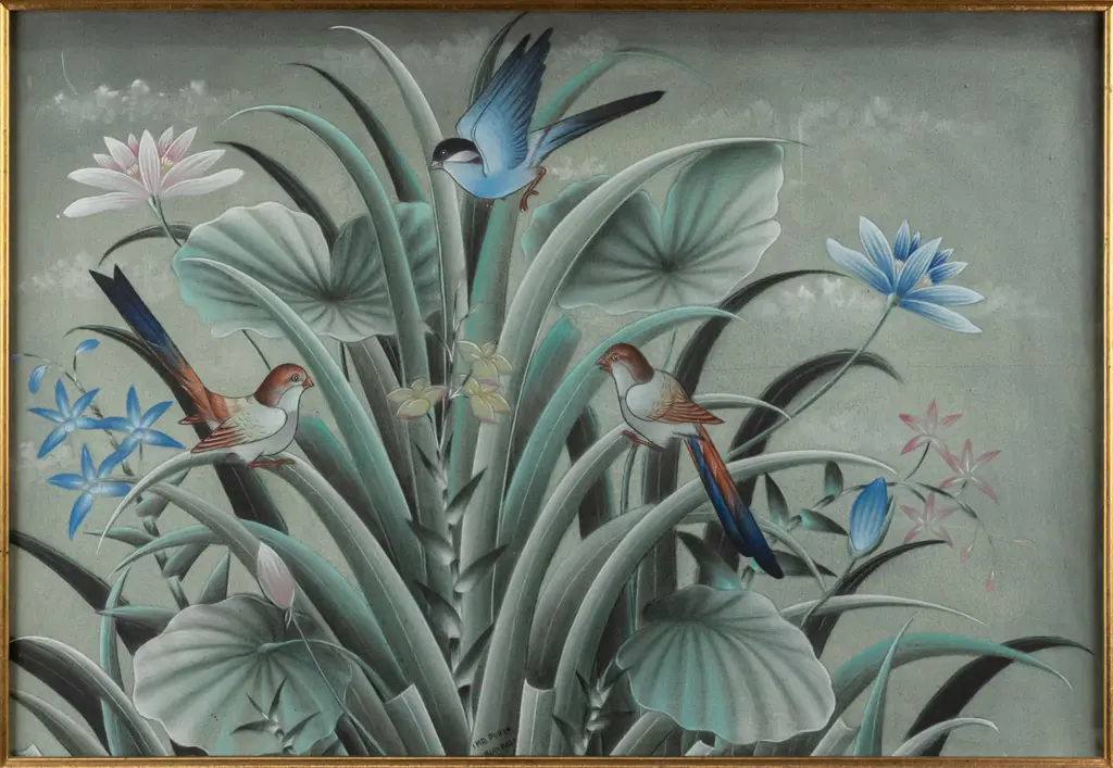 I MD. Purya (Balinese) -- framed oil on canvas, tropical landscape & birds, H-410 W-605 [scratches, loss & age wear to Image 1++