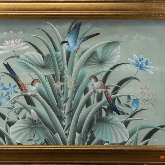 I MD. Purya (Balinese) -- framed oil on canvas, tropical landscape & birds, H-410 W-605 [scratches, loss & age wear to