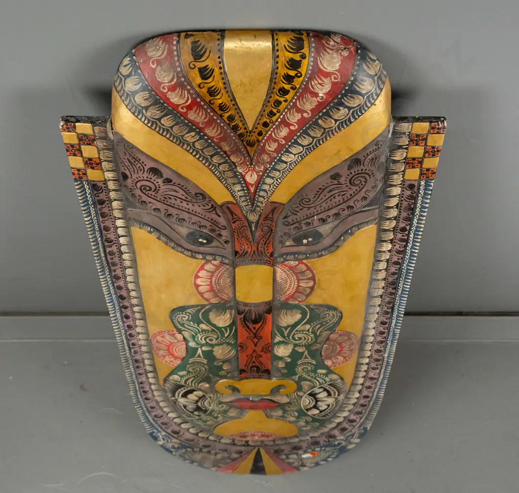 Indonesian carved & painted wall mask H-1000 W-380 [small crack/chip/repair to top, light age wear] Image 1++