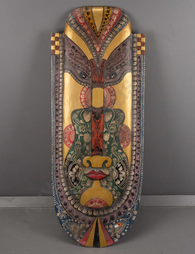 Indonesian carved & painted wall mask H-1000 W-380 [small crack/chip/repair to top, light age wear] Image 1++