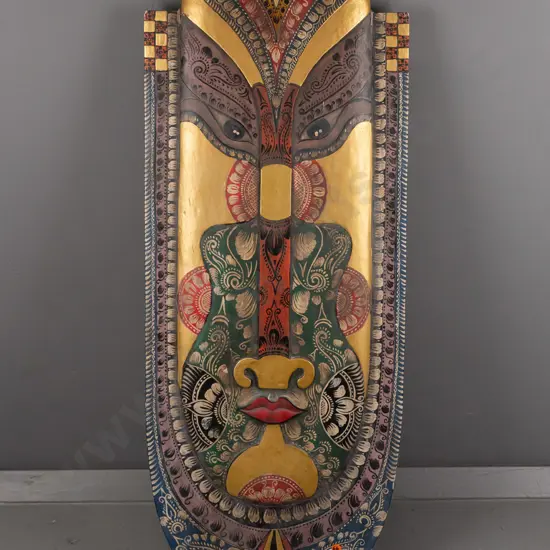 Indonesian carved & painted wall mask H-1000 W-380 [small crack/chip/repair to top, light age wear]