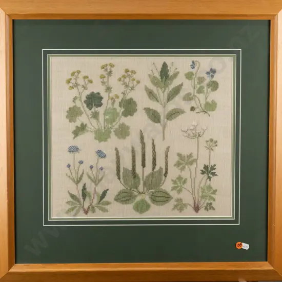 Framed cross-stitch, botanical design, H-325 W-365