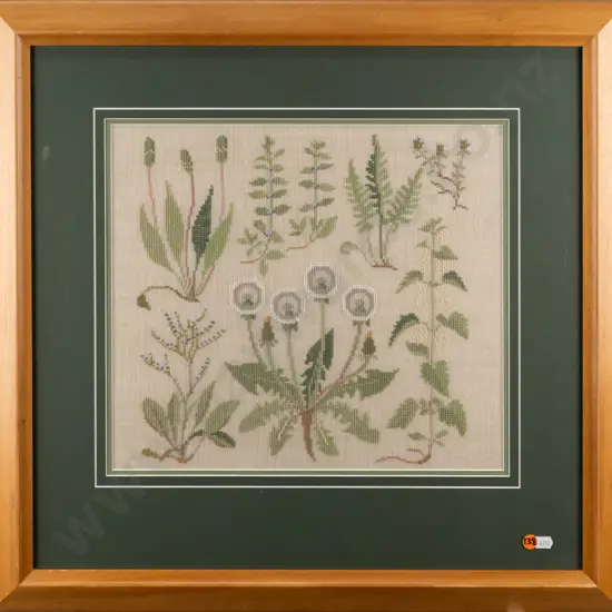 Framed cross-stitch, botanical design, H-325 W-365