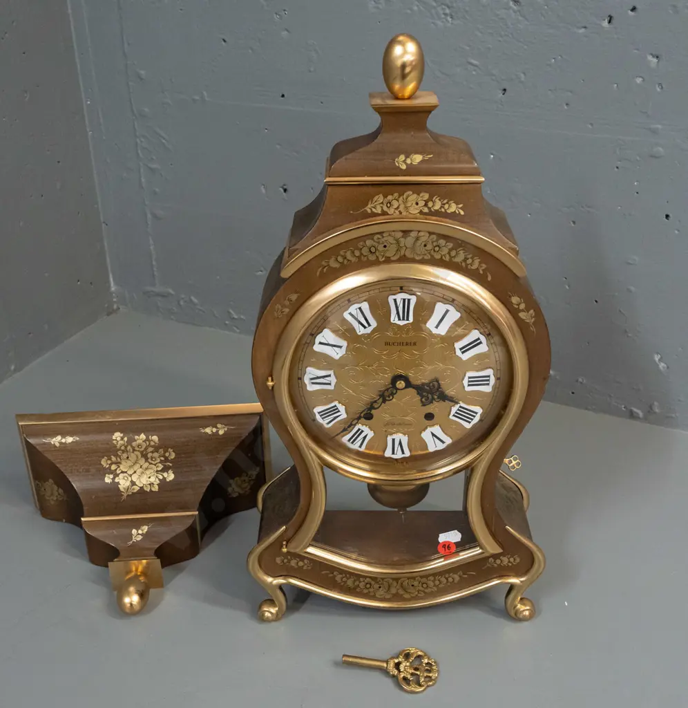 rococo style bracket clock in walnut case with gilded brass feet and decoration, floral transfers, glazed door and sides Image 1++