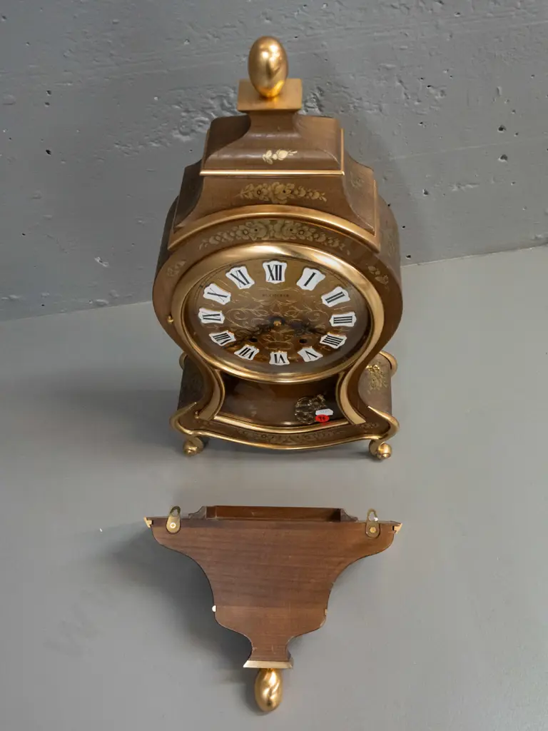 rococo style bracket clock in walnut case with gilded brass feet and decoration, floral transfers, glazed door and sides Image 1++