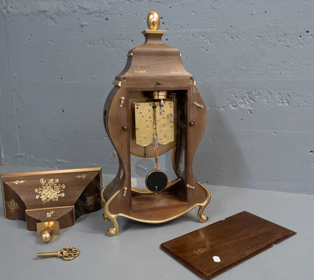 rococo style bracket clock in walnut case with gilded brass feet and decoration, floral transfers, glazed door and sides Image 1++