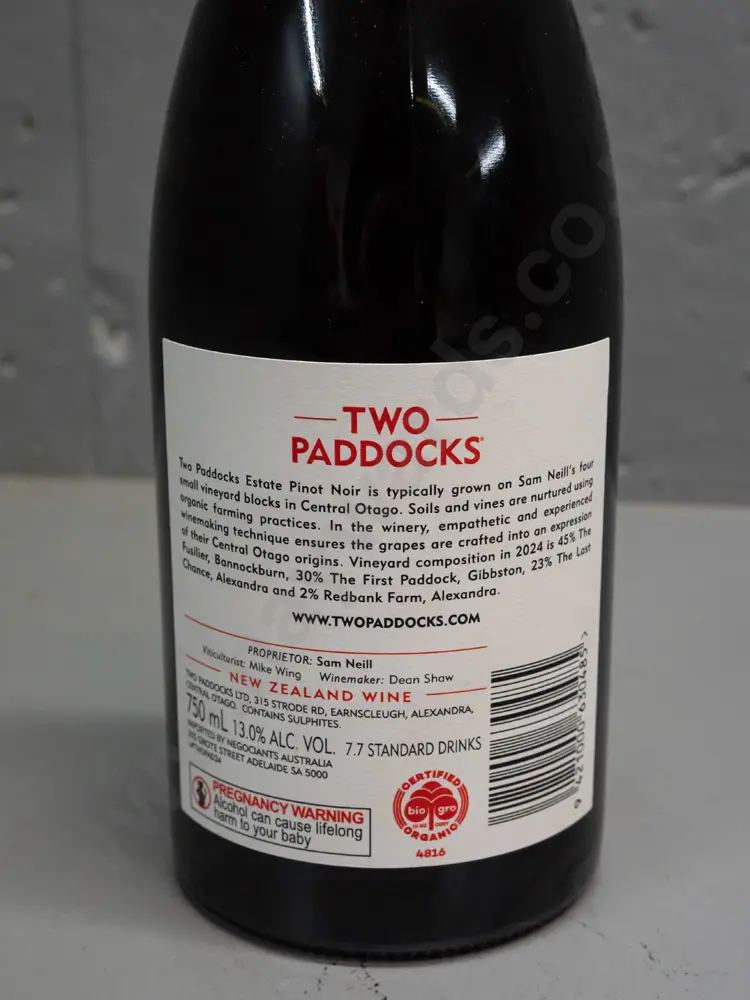 Two Paddocks 2024 Bannockburn, Alexandra & Gibbston vineyards organic pinot noir 750ml bottle of red wine Image 1++