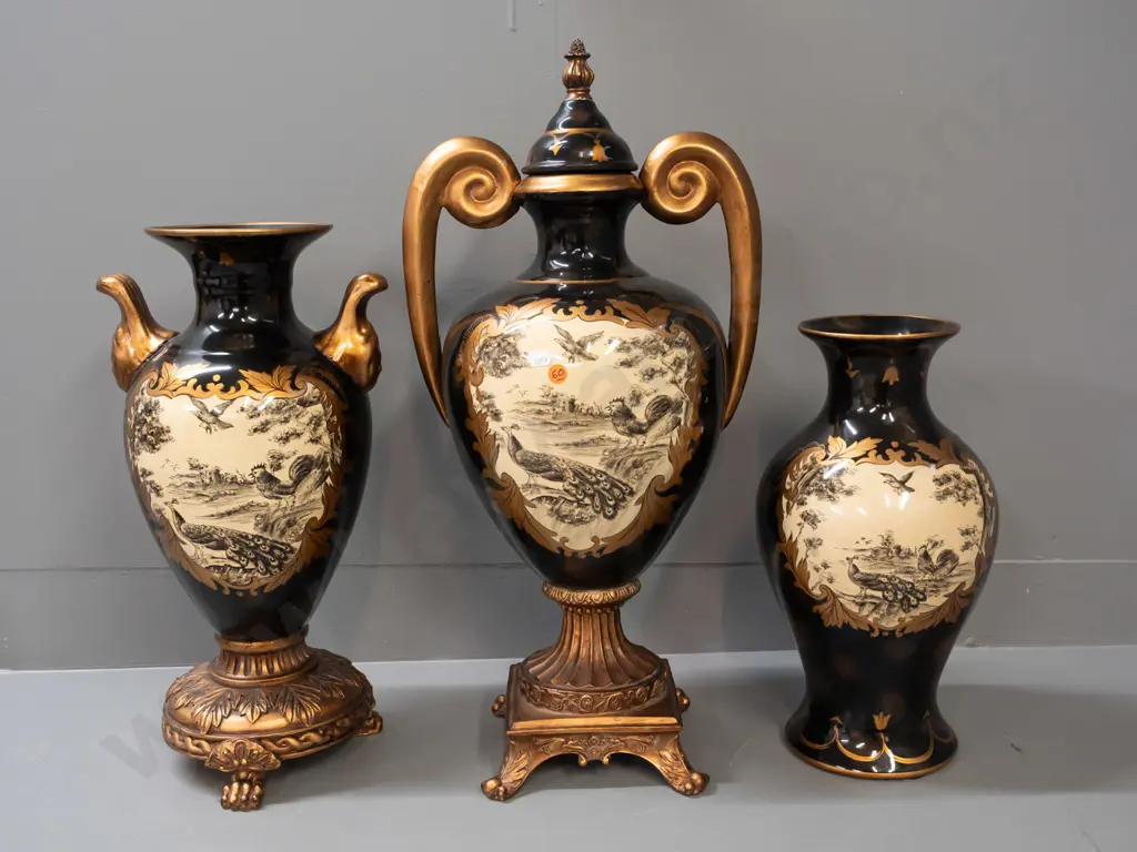 group of 3 large blue and gilt vases with birds & ruins motif, 2 with footed bases, 2 handled, all marked Hand Painted - Image 1++