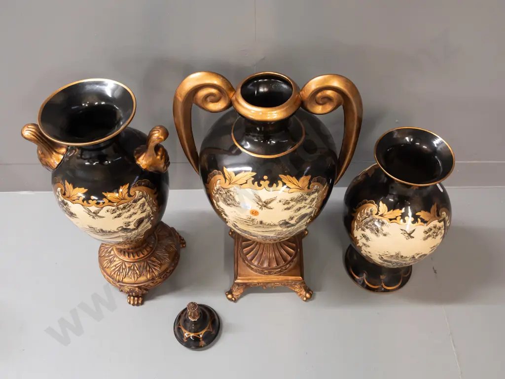 group of 3 large blue and gilt vases with birds & ruins motif, 2 with footed bases, 2 handled, all marked Hand Painted - Image 1++