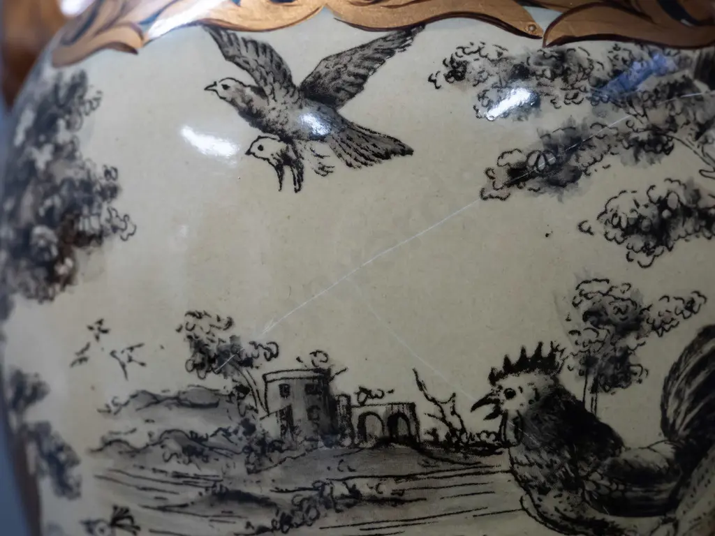 group of 3 large blue and gilt vases with birds & ruins motif, 2 with footed bases, 2 handled, all marked Hand Painted - Image 1++