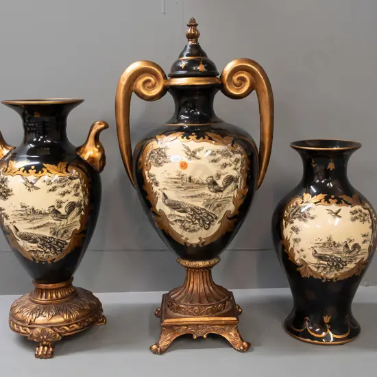 group of 3 large blue and gilt vases with birds & ruins motif, 2 with footed bases, 2 handled, all marked Hand Painted -