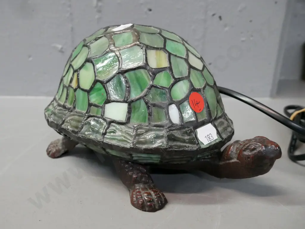 tortoise table lamp, cast metal base, multiple shades of green leadlight shell, going. H-130 L-220 Image 1++