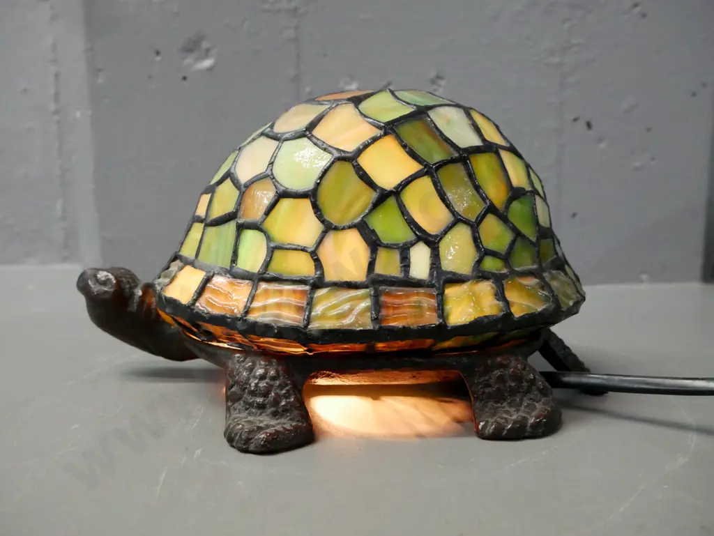 tortoise table lamp, cast metal base, multiple shades of green leadlight shell, going. H-130 L-220 Image 1++