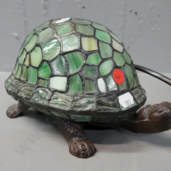 tortoise table lamp, cast metal base, multiple shades of green leadlight shell, going. H-130 L-220