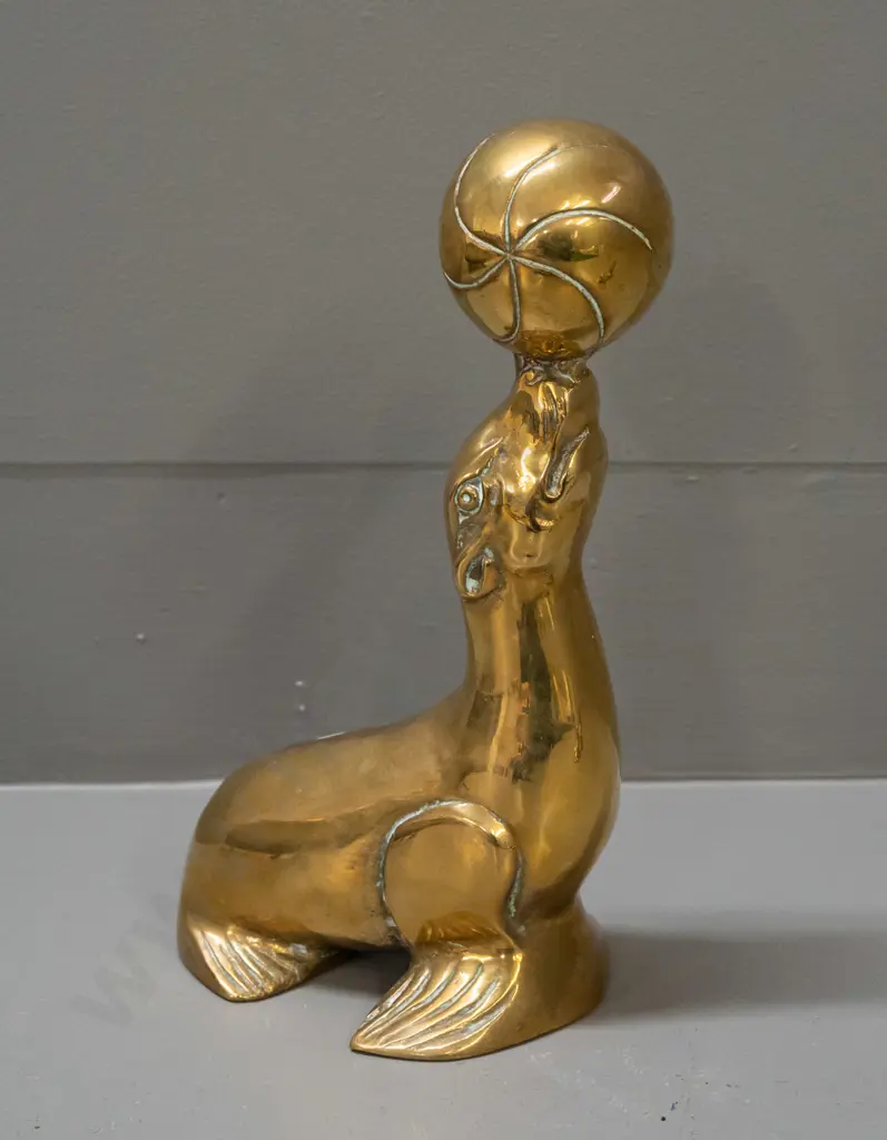 polished cast brass figure - seal balancing ball on nose H-230 Image 1++