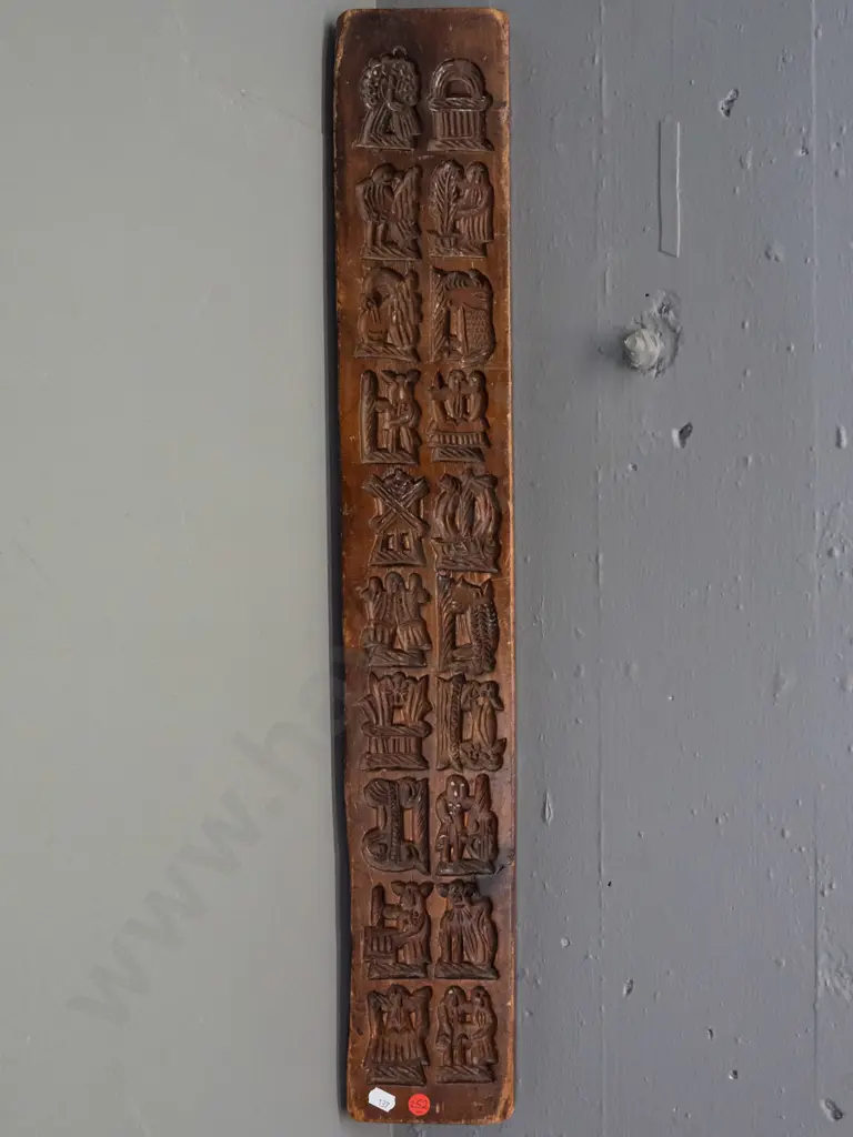 Dutch carved wood speculaas mold with assorted figural and agricultural motifs - some chips, age wear, paint splatters Image 1++