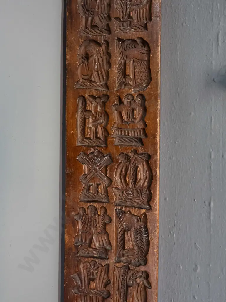 Dutch carved wood speculaas mold with assorted figural and agricultural motifs - some chips, age wear, paint splatters Image 1++