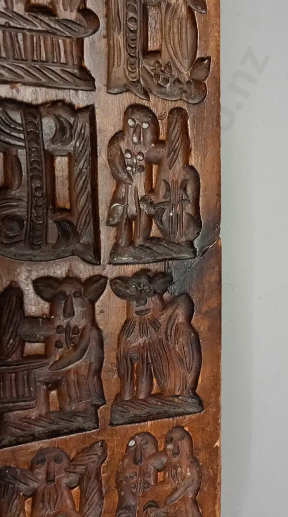 Dutch carved wood speculaas mold with assorted figural and agricultural motifs - some chips, age wear, paint splatters Image 1++