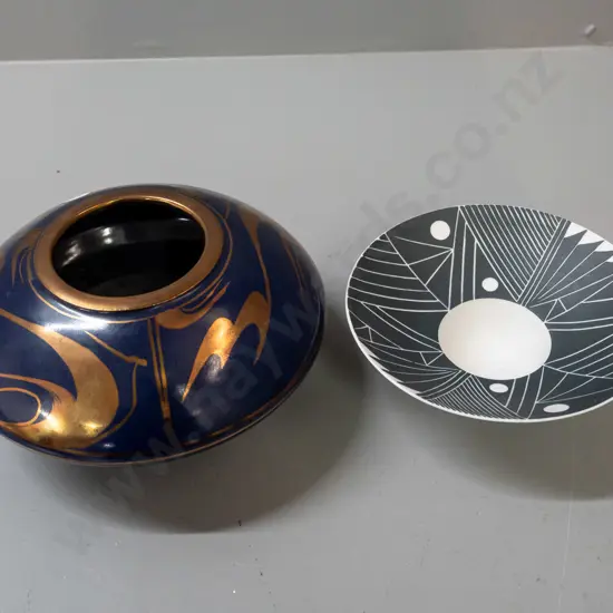 2 studio pottery items - Lee Le Grice small conical shape bowl & a cobalt blue squat vase with gilt lustre decoration,
