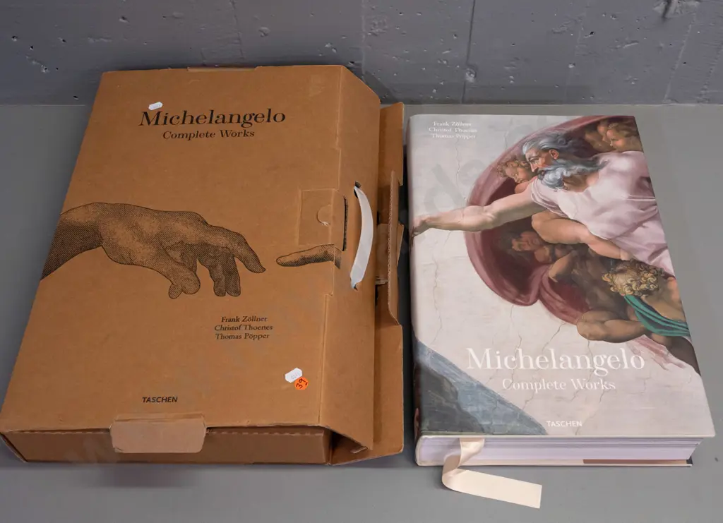 large hard cover book in original cardboard case - Michelangelo - Complete Works, pub. by Taschen, 2007. H-450 W-300 Image 1++