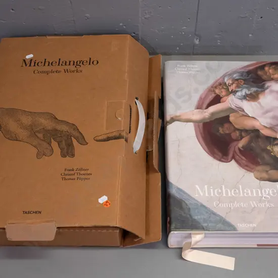 large hard cover book in original cardboard case - Michelangelo - Complete Works, pub. by Taschen, 2007. H-450 W-300