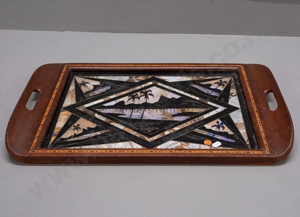 vintage teak tray with mixed timber inlaid stringing, cut out handles and butterfly wing decoration under glass with Image 1++