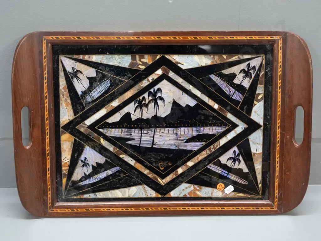 vintage teak tray with mixed timber inlaid stringing, cut out handles and butterfly wing decoration under glass with Image 1++