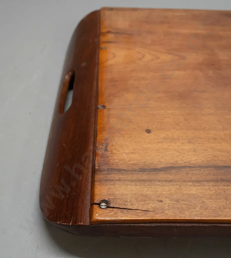 vintage teak tray with mixed timber inlaid stringing, cut out handles and butterfly wing decoration under glass with Image 1++