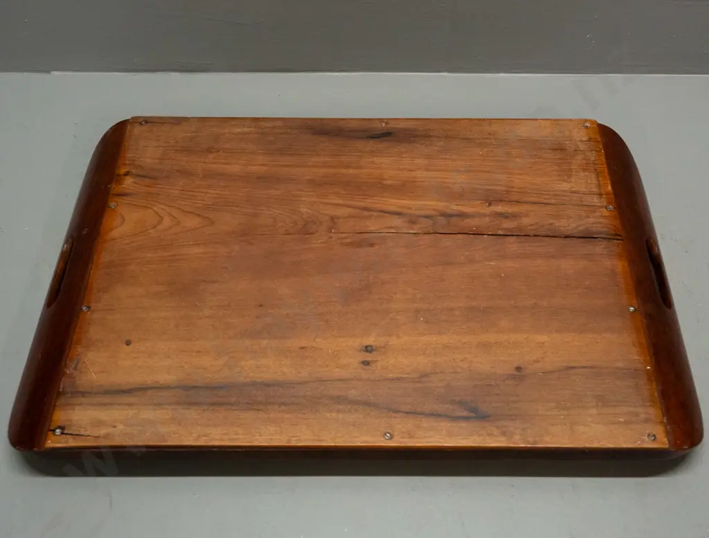 vintage teak tray with mixed timber inlaid stringing, cut out handles and butterfly wing decoration under glass with Image 1++