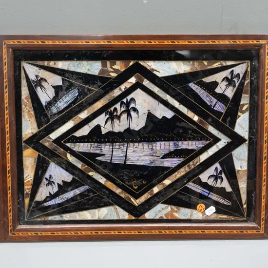 vintage teak tray with mixed timber inlaid stringing, cut out handles and butterfly wing decoration under glass with