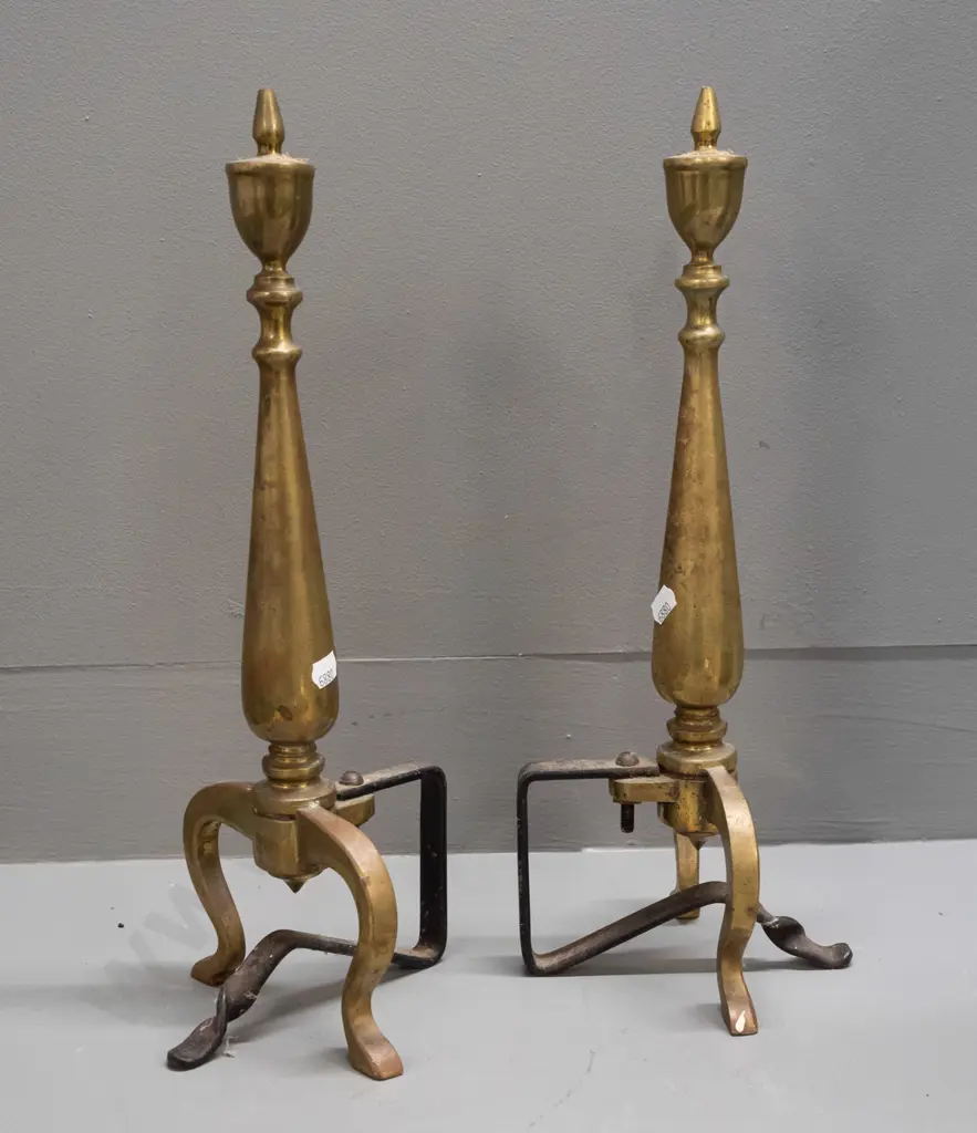 pair of brass andiron / fire dog supports with wrought iron stands - may be missing central joining piece or extensions. Image 1++