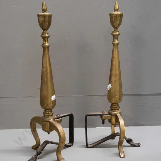 pair of brass andiron / fire dog supports with wrought iron stands - may be missing central joining piece or extensions.