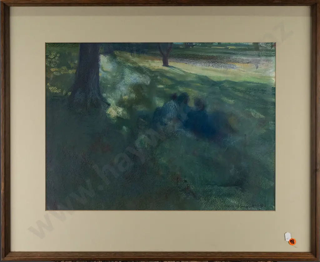 Zuna Wright 1988 -- framed mixed media on paper, people seated under trees H-335 W-455 Image 1++