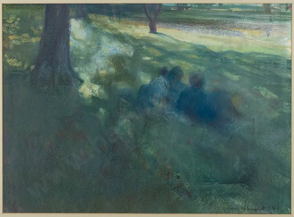 Zuna Wright 1988 -- framed mixed media on paper, people seated under trees H-335 W-455 Image 1++