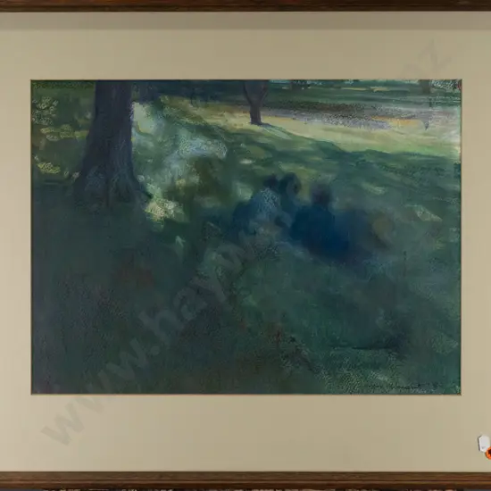 Zuna Wright 1988 -- framed mixed media on paper, people seated under trees H-335 W-455