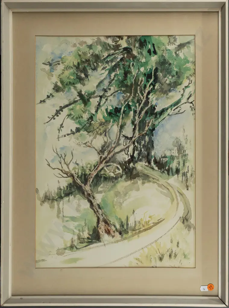 framed watercolour - farm road and trees, faint signature Noonan (63? 67?) - some wear to frame, fading to mat H-490 S-3 Image 1++