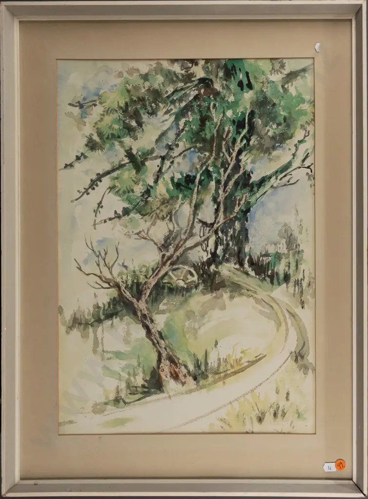 framed watercolour - farm road and trees, faint signature Noonan (63? 67?) - some wear to frame, fading to mat H-490 S-3 Image 1++