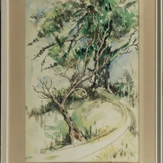 framed watercolour - farm road and trees, faint signature Noonan (63? 67?) - some wear to frame, fading to mat H-490 S-3