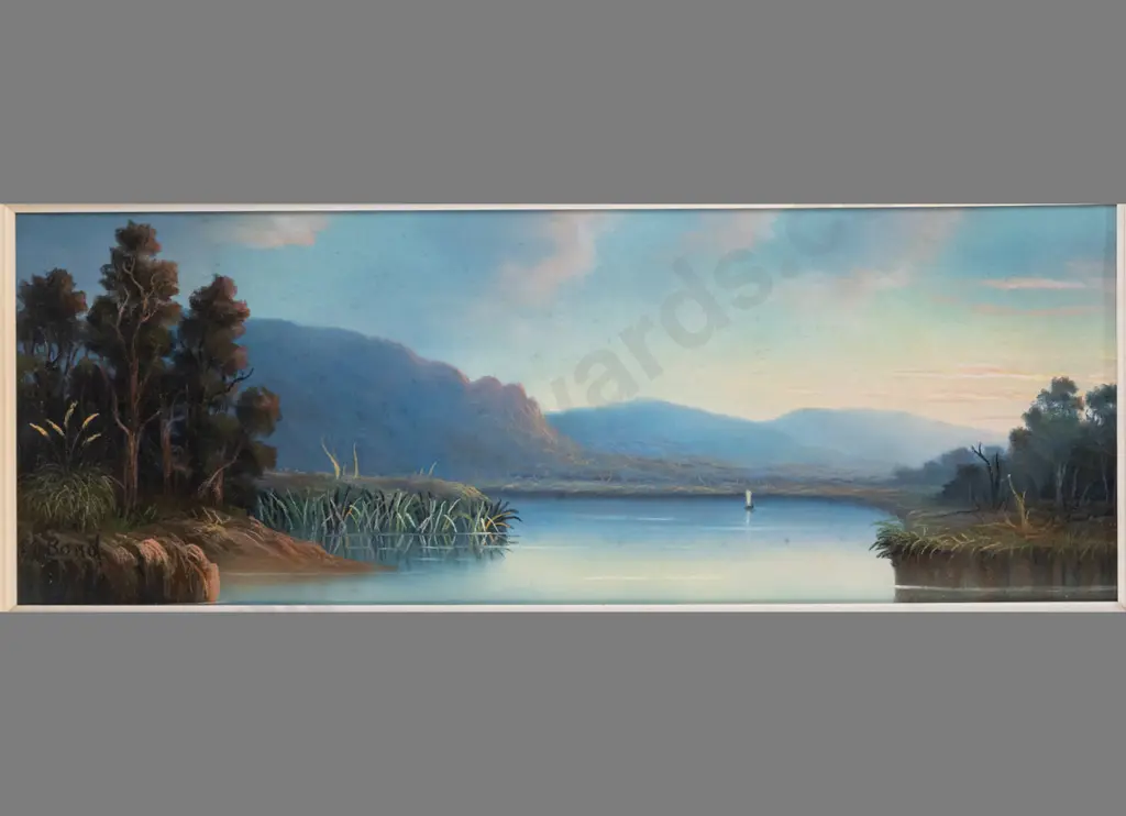 J.A. Bond -- framed pastel on paper, landscape with waterway and sailboat H-220 W-620 [foxing to mat, light foxing to Image 1++