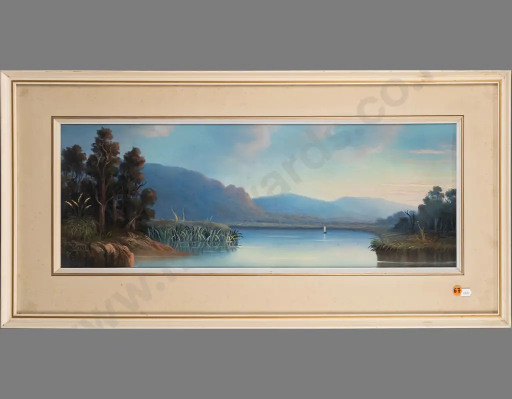 J.A. Bond -- framed pastel on paper, landscape with waterway and sailboat H-220 W-620 [foxing to mat, light foxing to Image 1++