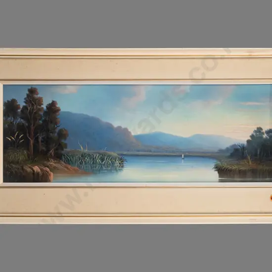 J.A. Bond -- framed pastel on paper, landscape with waterway and sailboat H-220 W-620 [foxing to mat, light foxing to