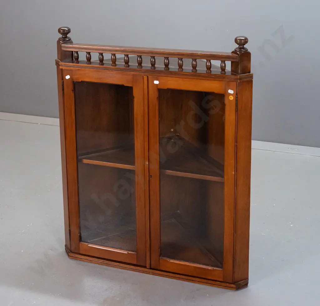 circa 1890s colonial kauri hanging glazed corner cupboard with turned top finials and gallery, one shelf inside, lock Image 1++