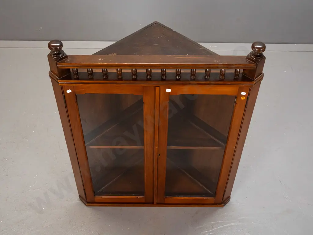 circa 1890s colonial kauri hanging glazed corner cupboard with turned top finials and gallery, one shelf inside, lock Image 1++