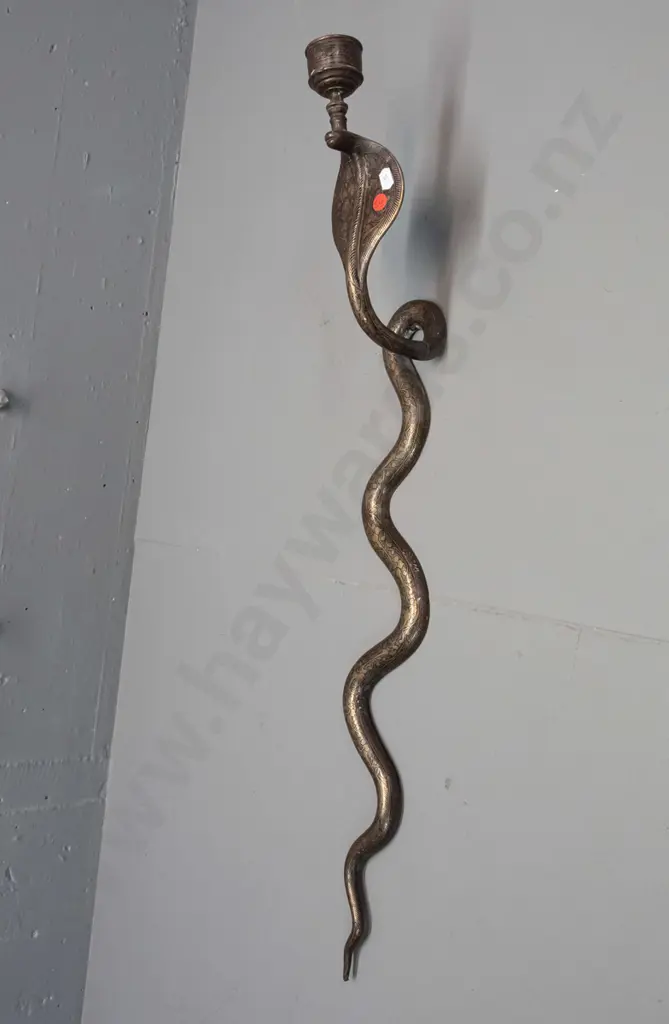 cast and engraved metal cobra shaped wall mount candle sconce - no maker's marks. Sconce fitting loose from stripped Image 1++